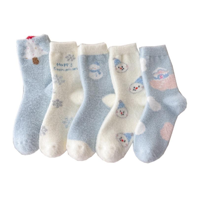 Australian Wool Children's Winter Plush Thick and Warm Mid-calf Socks, Cute Cartoon Snowman Sleep Socks, Home Floor Socks