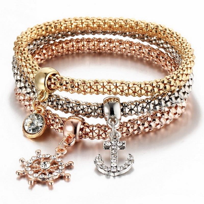 3 Pcs/Set Crystal Owl Crown Charm Bracelets&Bangles 3 Color Rose Gold Color Elephant Anchor Pendants