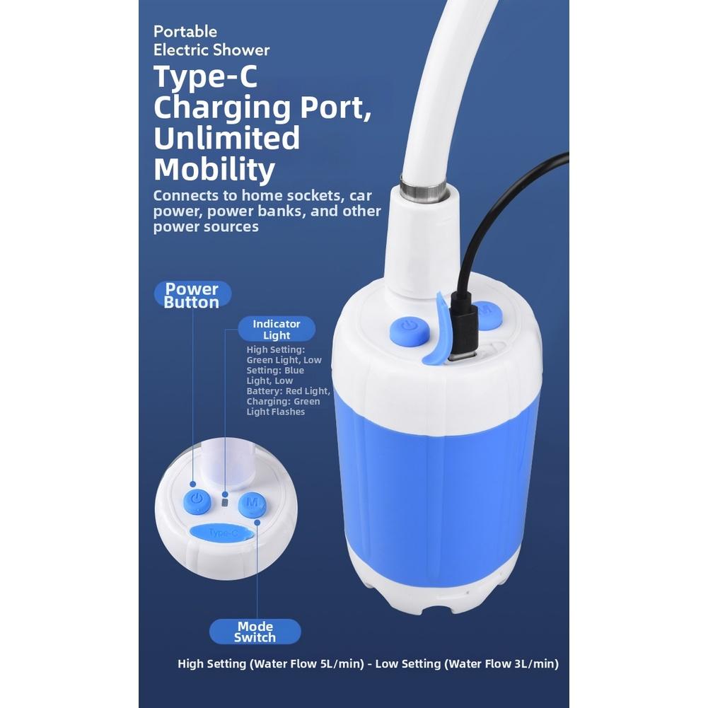Blue Portable Shower Strong Water Flow Shower Pump Bath Sprayer Rechargeable Pump Strong Water Pressure 3 Pressure Modes