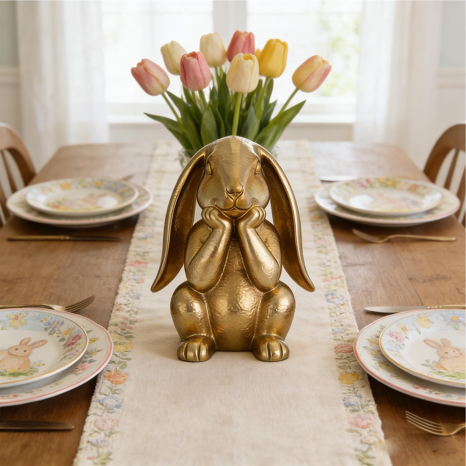 

Gold Easter Bunny Figurine Thinking Rabbit Statue Spring Home Accents Resin Sculpture for Tabletop Shelf Farmhouse Office Decor China Mainland