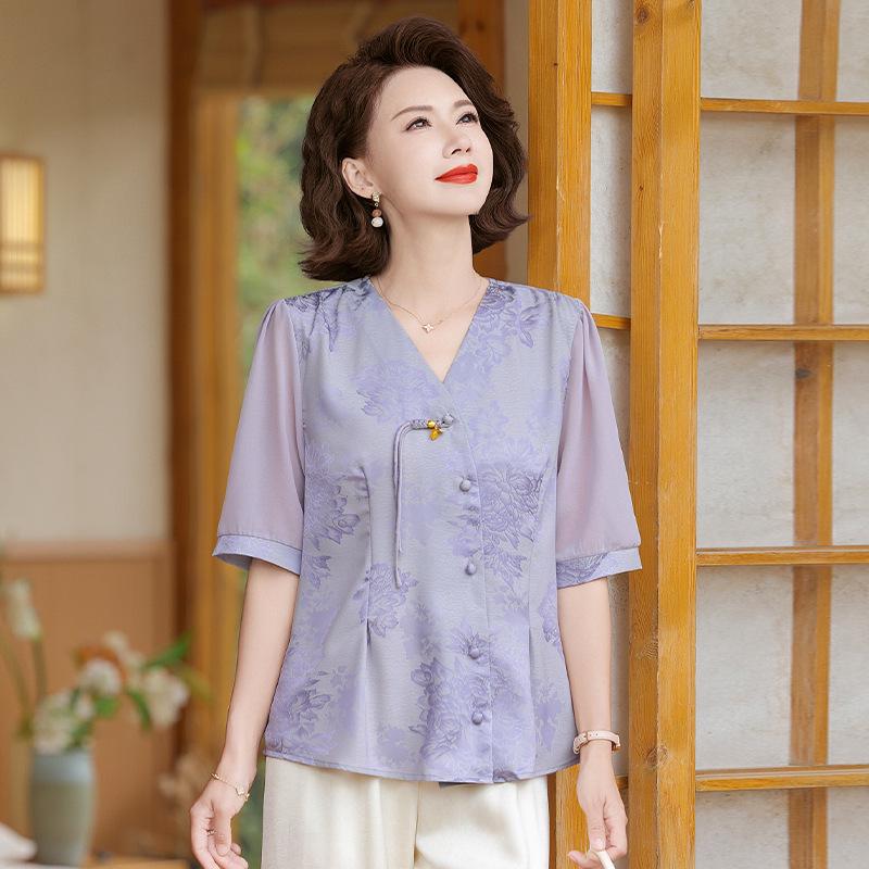 Stylish Summer Chinese Style T-Shirt for Middle-Aged and Elderly Mothers Purple