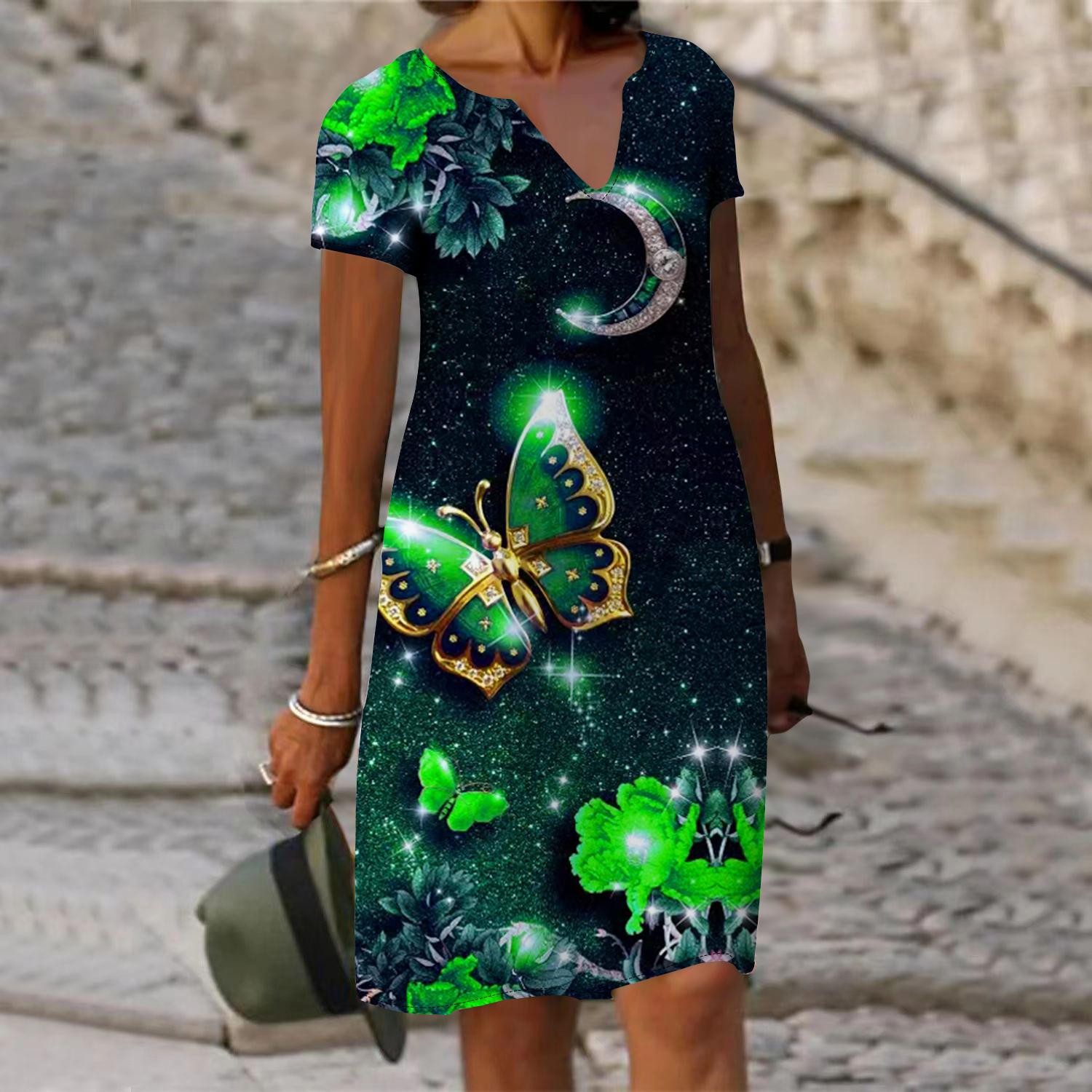 

Літня модна жіноча сукня з V-подібним вирізом і короткими рукавами, сяюча сукня з принтом метеликів, вільна повсякденна сукня для жінок 8XL зелений