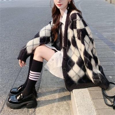 Premium Contrasting Colors Retro Rhombus Sweater Women's Autumn and Winter Large Size Loose V-neck Sweater Women's Lazy Style