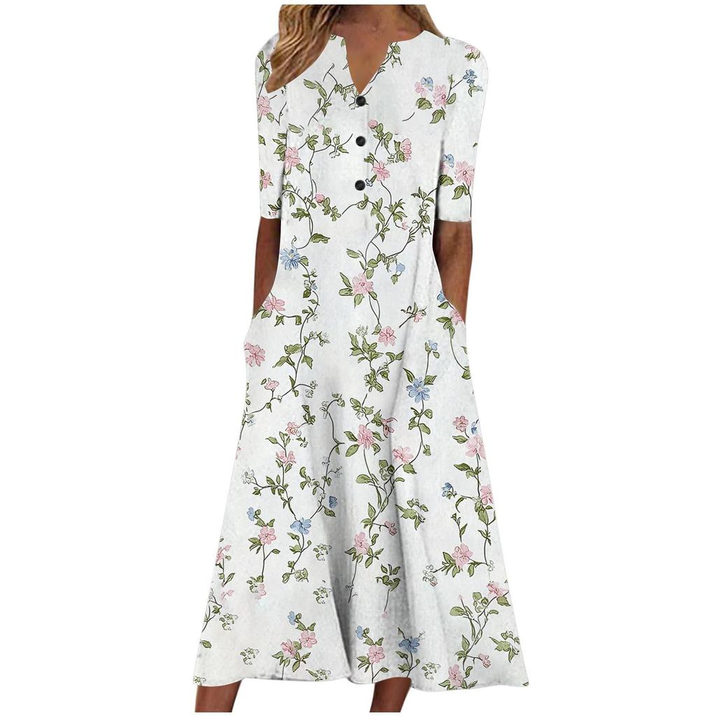 Floral Print V-Neck Mid-Sleeve Casual Dress with Pockets, Button Front, Loose Fit - White/Light Blue/Pink