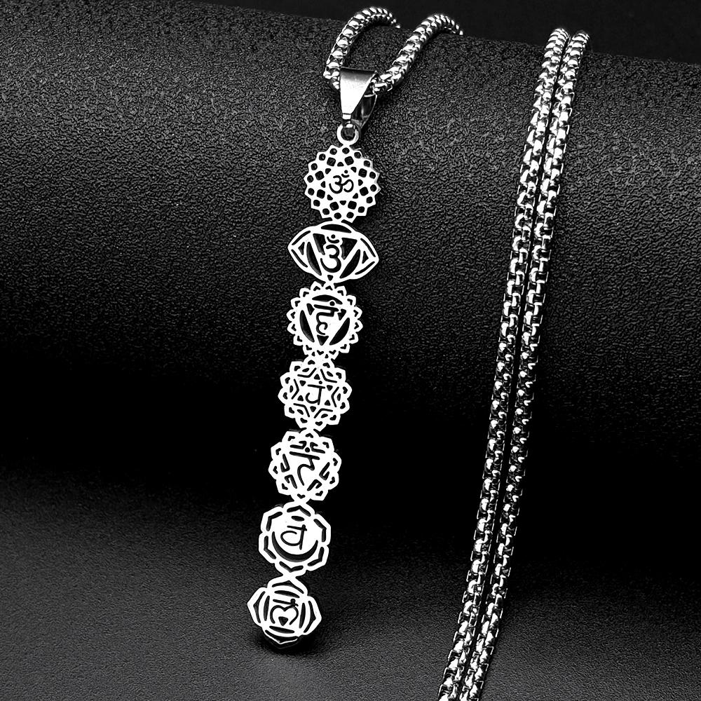 Yoga 7 Chakra Flower Om Symbol Sanskrit Pendant Necklace for Women Stainless Steel Gold Color Reiki Healing Amulet Jewelry Gift