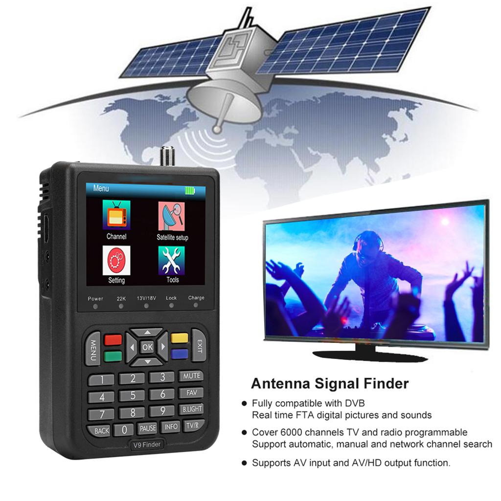 V9 3,5-Zoll LCD-Farbbildschirm DVB Digitaler Satelliten-Finder Signalmesser Schwarz