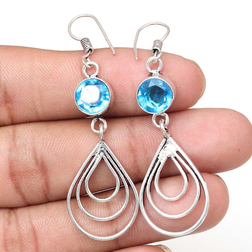 Schweizer Blauquarz Edelstein Handgefertigte Silberschmuck Ohrringe 1,5''