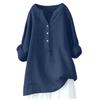 European American Loose Solid Color Stand Collar Button Long Sleeve Cotton Linen Top