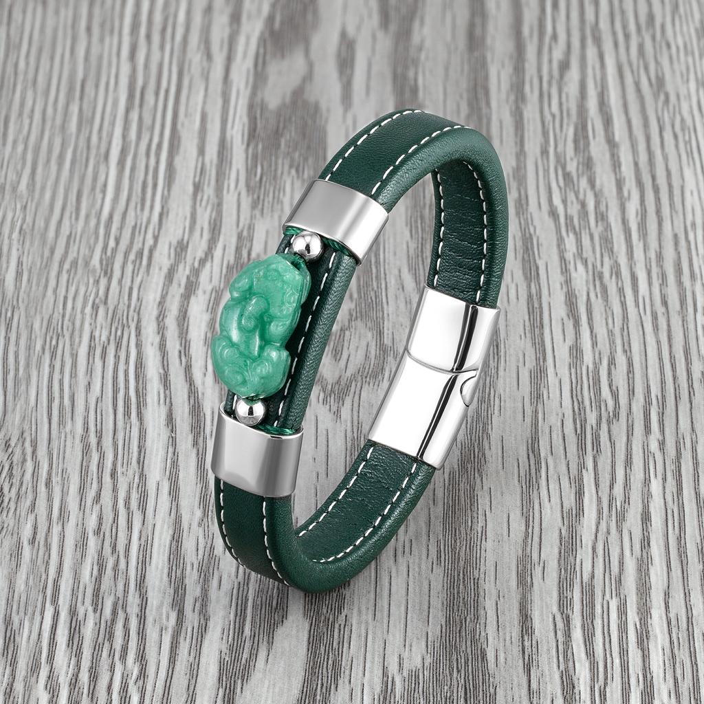 Neu Natürliche Dongling Jade Pixiu Schmuck Glück Armband Männer Charme 316l Edelstahl Lederband Armband Geschenk