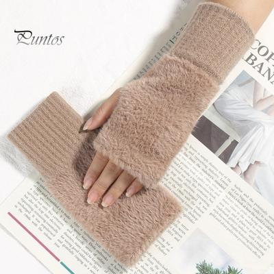 1 Pair Winter Ladies Gloves Half-finger Thick Plush Knitted Stretchy Touchscreen Wrist Protection Keep Warm Office Typing Student Writing Gloves