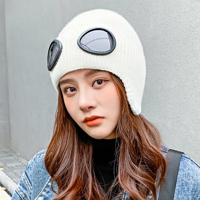 Wool Hat for Women Winter Pilot Glasses Hat Thickened Knitted Hat Fashionable Warm Ski Hat