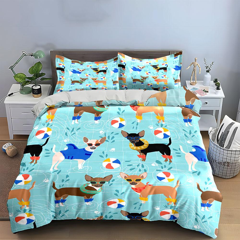 Chihuahua Pool Party Pattern Bedding Duvet Cover Set Duvet Cover Pillowcases  (1*Duvet Cover 2*Pillowcases, Without Duvet Insert)