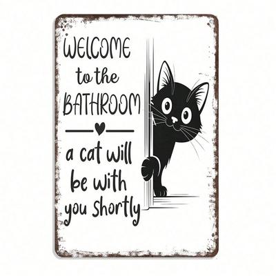 Vintage Funny Cat Metal Welcome Sign Retro Bathroom Wall Decor