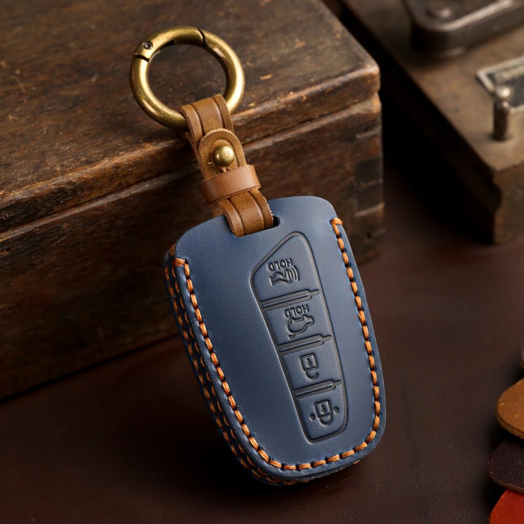 Genuine Leather Auto Key Fob Cover Case Fit For Hyundai Santa Fe Sport Equus Centennial Genesis G80 Grandeur Azera 2013 2014 Ix45