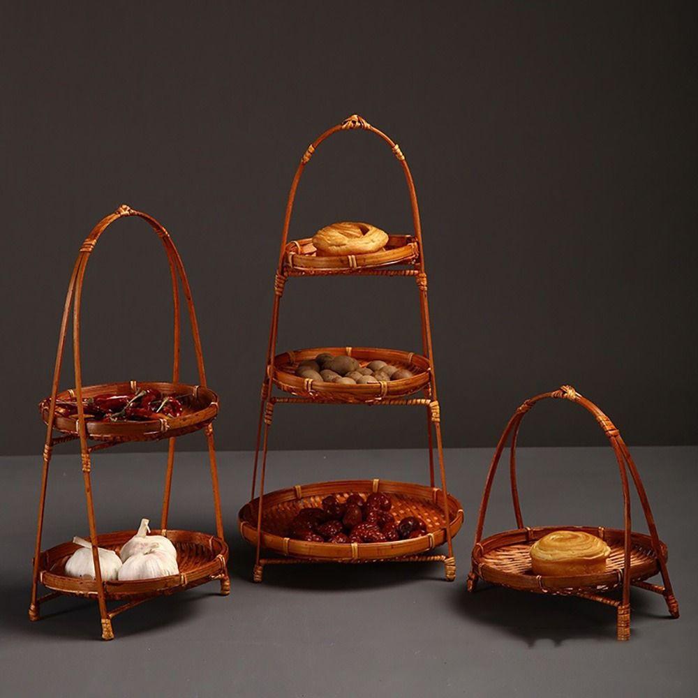 1Pcs Fruit Food Vegetable Bamboo Woven Basket 1/2/3 Layers Standing Tray Storage Basket  For Kitchen