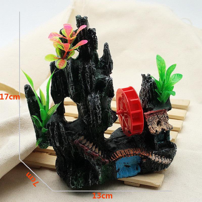 Aquarium Windmill Rockery: Rotatable Resin Stone Decoration for Fish Tanks. Connects to Air Pump.