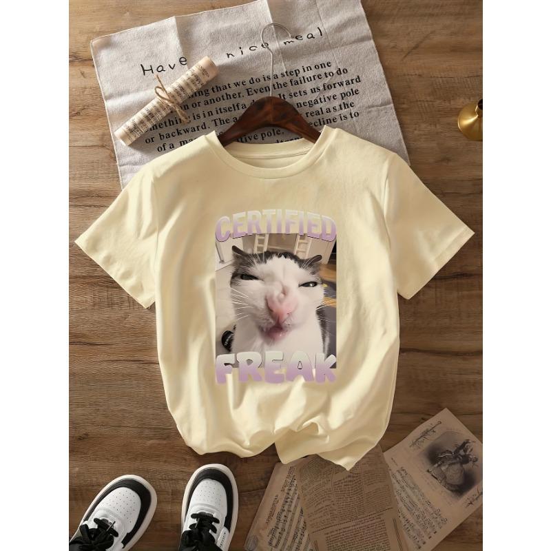 Women's Cute Cat Graphic Tee Soft Polyester Blend Short Sleeve Round Neck Casual Top for Fun Animal Print T-Shirts Women’s