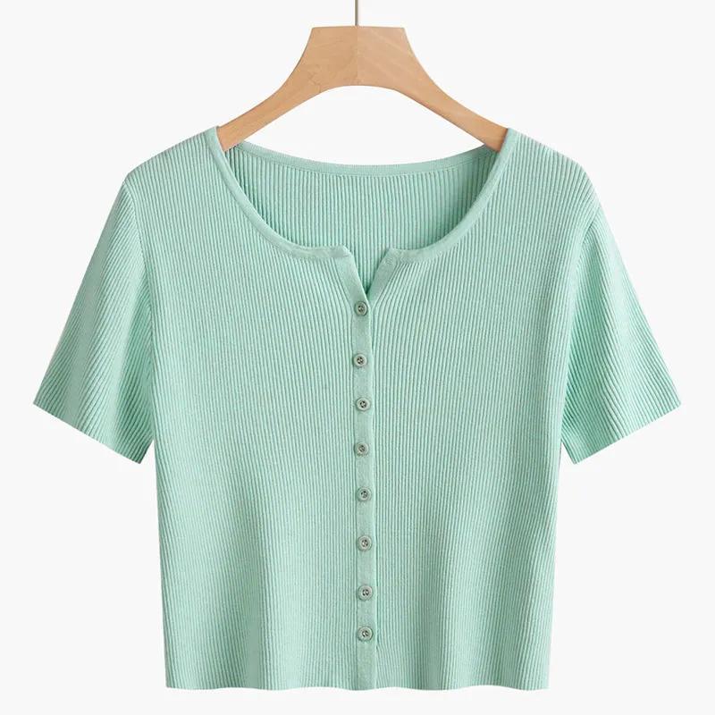V-neck Short-sleeved Knitted Cardigan Thin T-shirt Women's Slim Short Tops