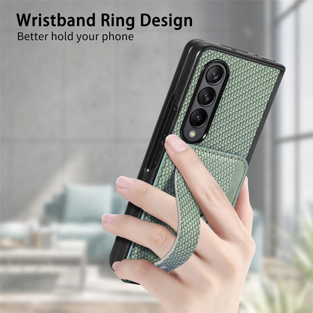 Card Slot Phone Cover for Samsung Galaxy Z Fold5 5G,PU Leather+PC Wristband Kickstand Cell Phone Case