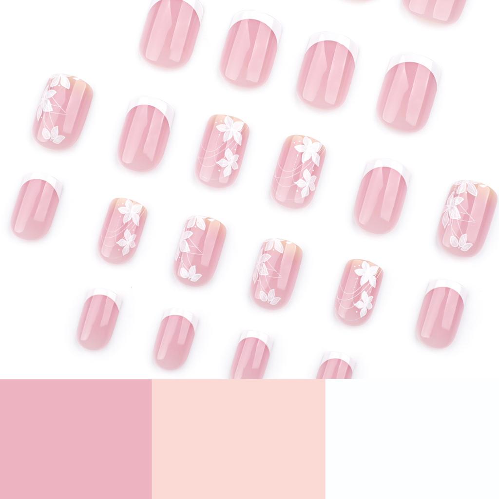 24pcs Spring Flower Wearing Armor Simple French White Nail Art Short Medium Rectangular Fake Nail Removable Nail Plate
