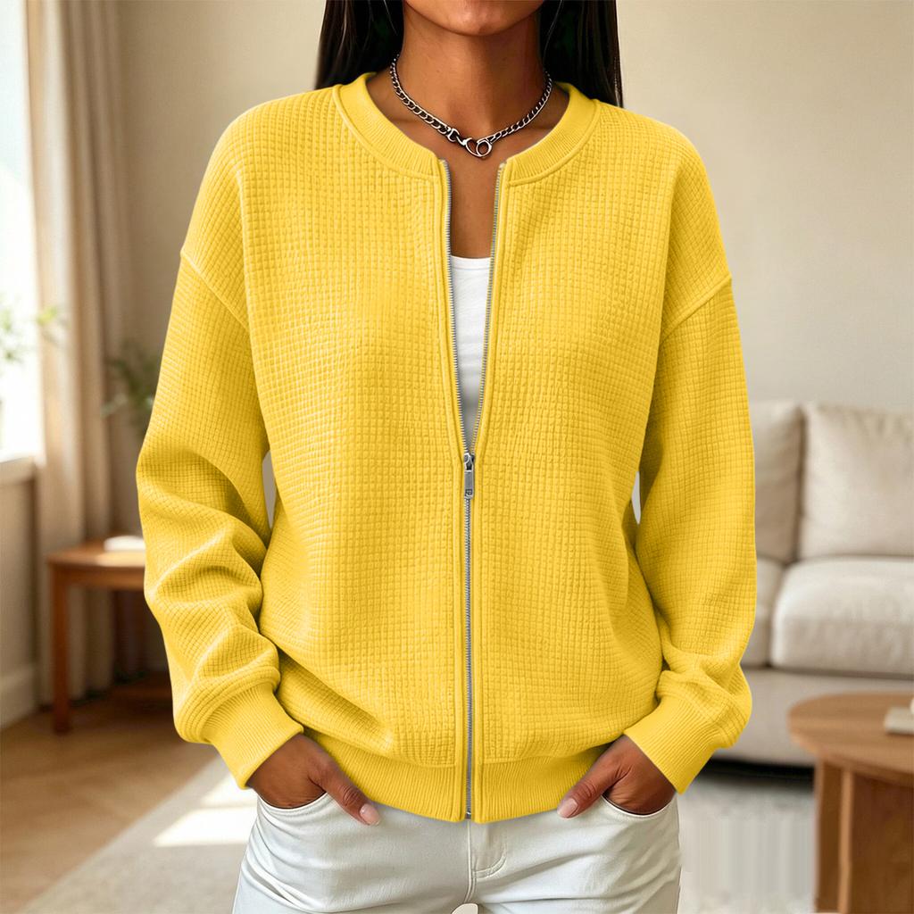 Damen Langarm Strickjacke mit Reißverschluss und Rundhalsausschnitt für Herbst und Winter