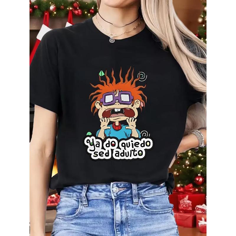 

European Size 1pc Spring New Women S T-Shirt | Fun Cartoon Character Print, Suitable for Sports, Fitness, Running, Fashionable 4XL