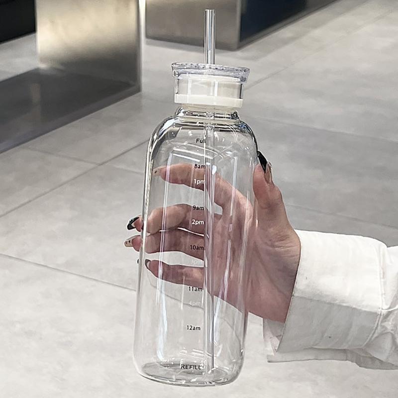 550-750ml Large Capacity Glass Water Bottle With Time Marker Transparent Juice Milk Glass Cup With Lid And Straw Drinking Bottle