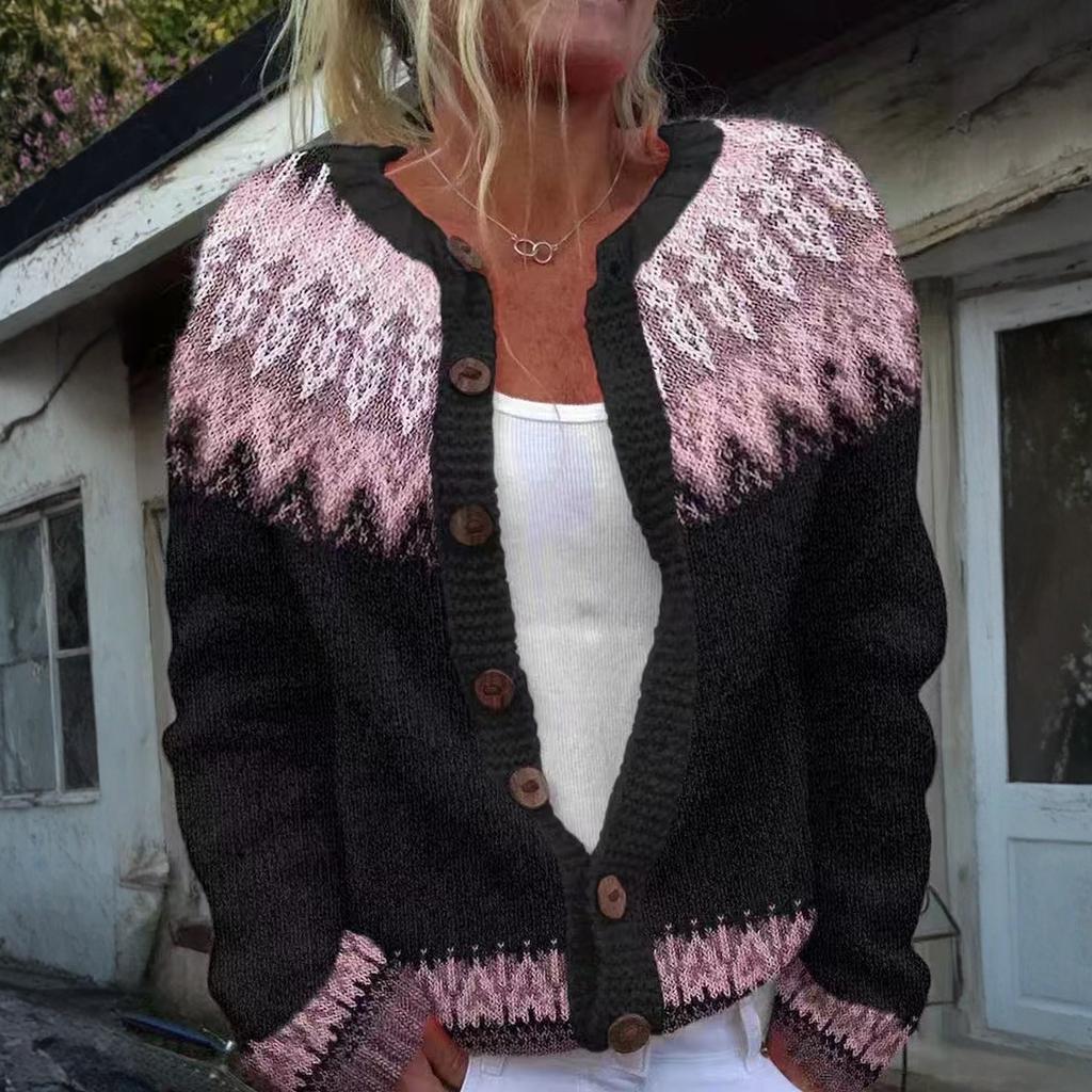 Swetry kardigan Fair Isle dla kobiet z okrągłym dekoltem, o luźnym kroju, zapinane na guziki, gruby sweter, otwarty przód, casualowa jesienna dzianinowa kurtka