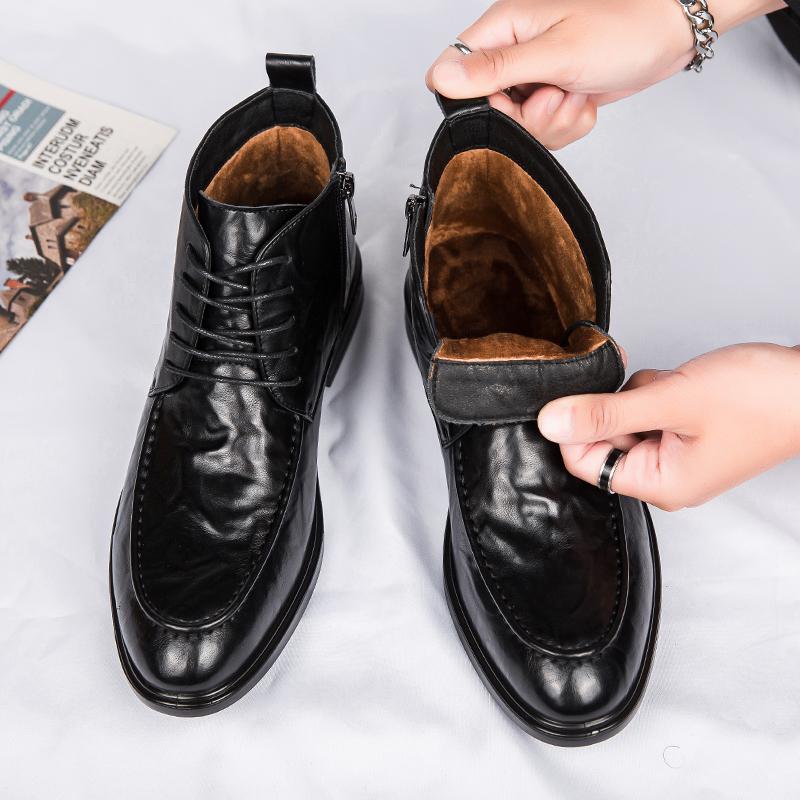 Fashion Man Winter Chelsea Boots lace up plush Fur Warm Male Casual Leather Shoes Designer Men's Dress Boot Business shoes Footwear