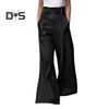 Women Flared Pants Slim High Waist Loose Pockets Faux Leather Elastic Waist Wide Leg Streetwear Solid Color Trousers for Work Leisure Daily Wear