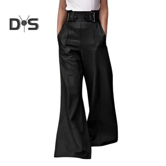 Women Flared Pants Slim High Waist Loose Pockets Faux Leather Elastic Waist Wide Leg Streetwear Solid Color Trousers for Work Leisure Daily Wear