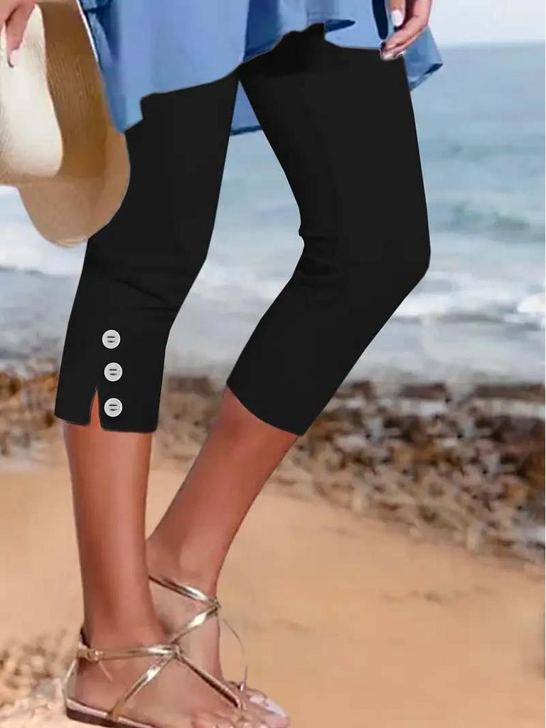 Pantaloni Capri Estivi da Donna 2025 a Vita Media Elasticizzati - Patchwork Sexy, Skinny Casual Stile Bottoni