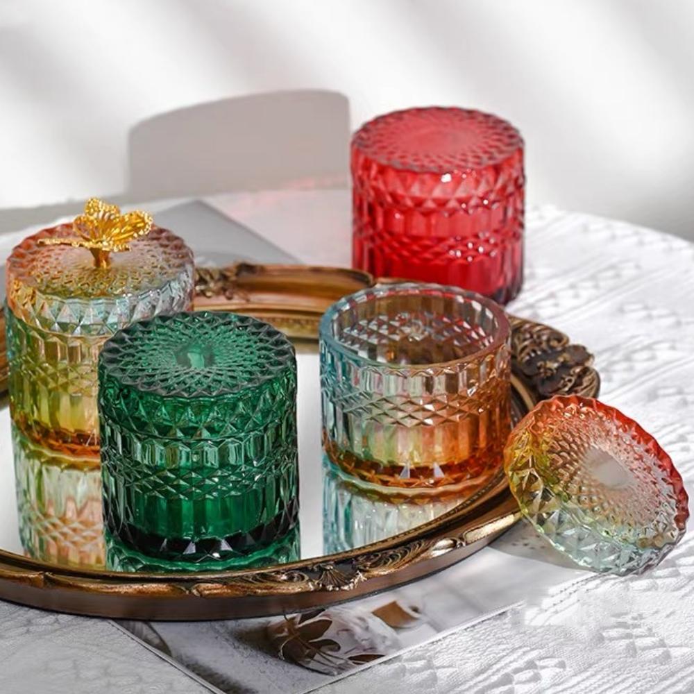 Multicolor Crystal Glass Storage Jar,Candy Glass Jar with Lid Aromatherapy Candlestick Container Home Dressing Table Decoration