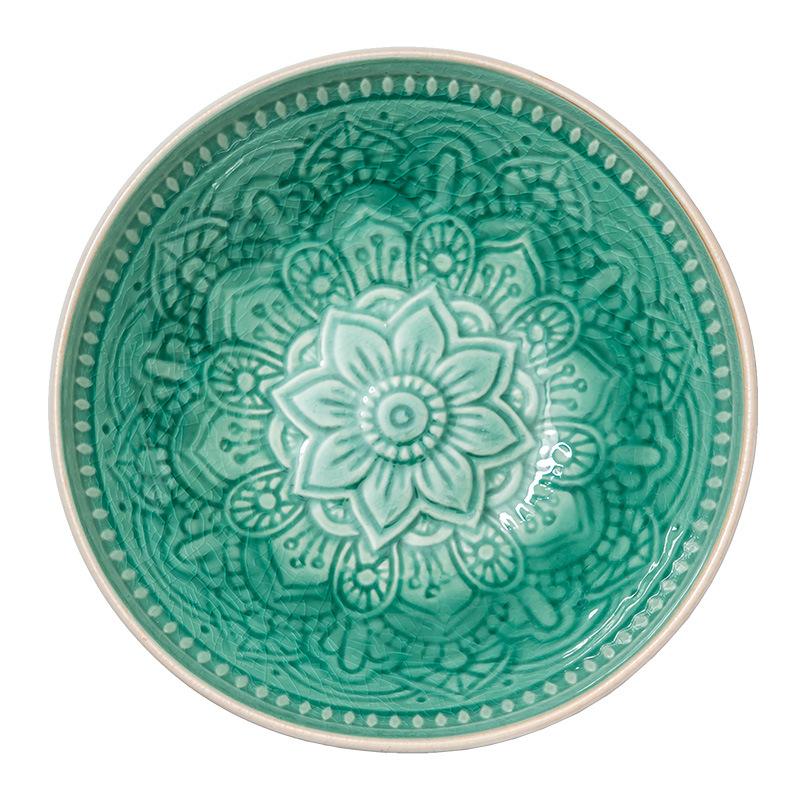 Salad Bowl Retro Green Pattern Ceramic Bowl High Value Home Dish Bowl Round Bowl Tableware Noodle Bowl