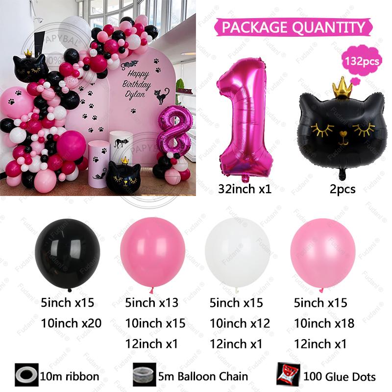 132pcs Black Cat Crown Foil Balloons Arch Kit Happy Birthday Party Decorations 32inch Digit Kids Girl Boy 1-9 Years Old Supplies