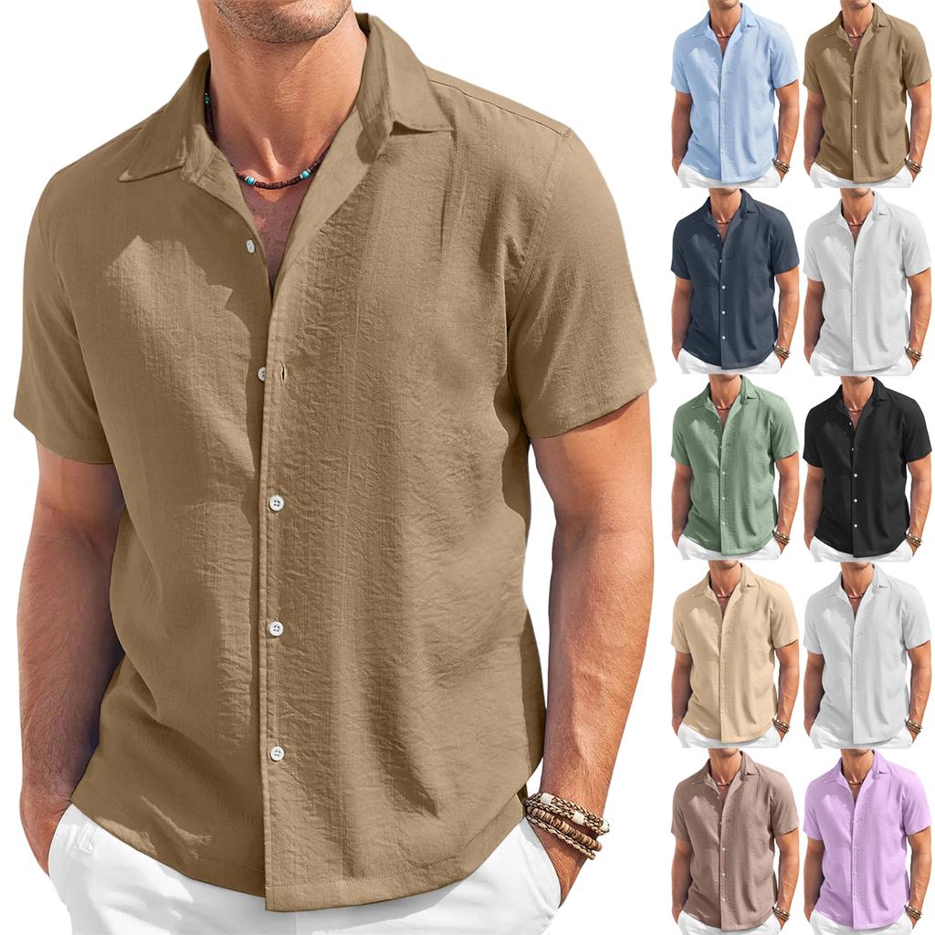Men's Fashion Collar Solid Color Short Sleeved Cotton Linen Shirt Button Casual Shirt Top