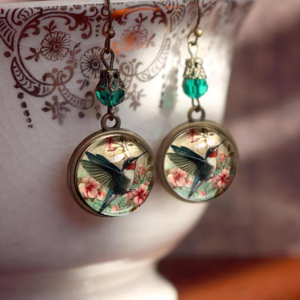 Grüne Perlenblume Kolibri Hängeohrringe Retro Antik Bronze Vogel Glasohrringe Damenschmuck Geschenk