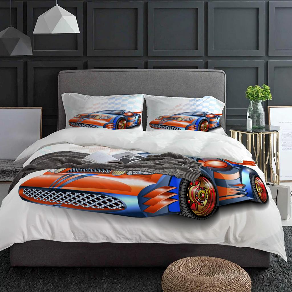 Orange Racing Car White Bedding Set 3pcs Boys Girls Duvet Cover Pillowcase Kids Adult Quilt Cover Double Bed Set Home Textile