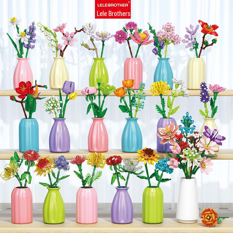 Compatible Lego Small Rose Building Block Bouquet with Vase - Creative Flower Branch Assembly Toy Gift
