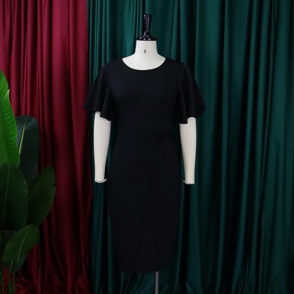 Spring and Summer Large Size Solid Color High Waist Temperament Commuter Ruffle Sleeve Package Hip Long Dresses