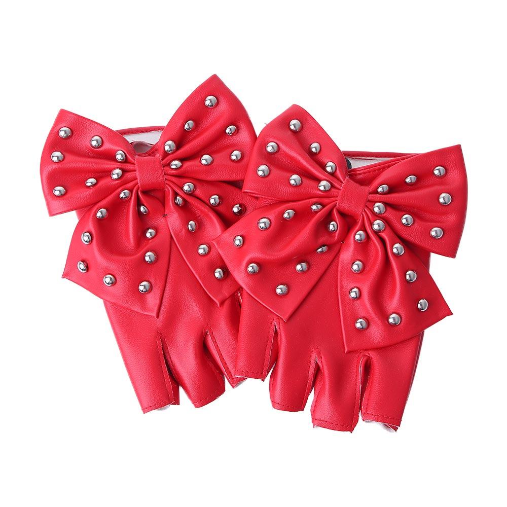 Big Bow Lolita JK PU Leather Korean Anime Mittens Half Finger Gloves Women Gloves Dancing Gloves