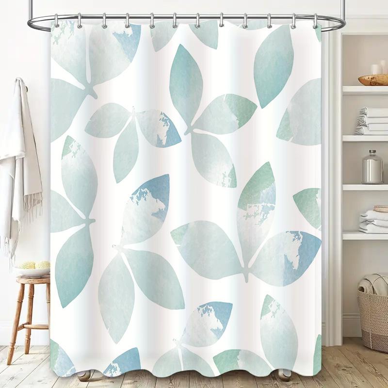Blue Green Leaves Shower Curtain Waterproof Decorative Bath Room Plastic Hook Ring Set Home Decoration (60X72In)