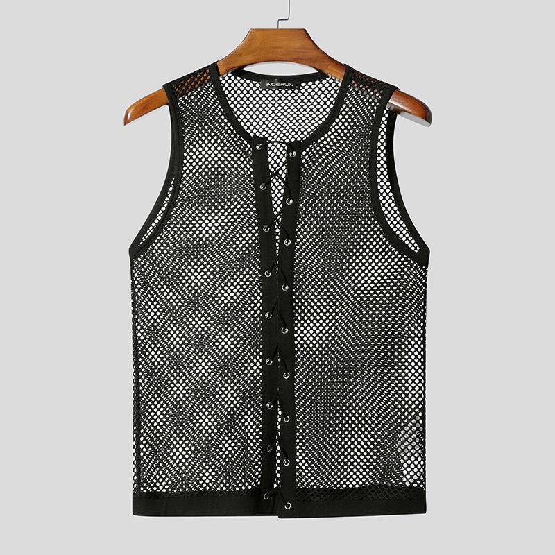 

INCERUN Men Summer Sleeveless Bandage Mesh Sheer Party Club Tank Tops