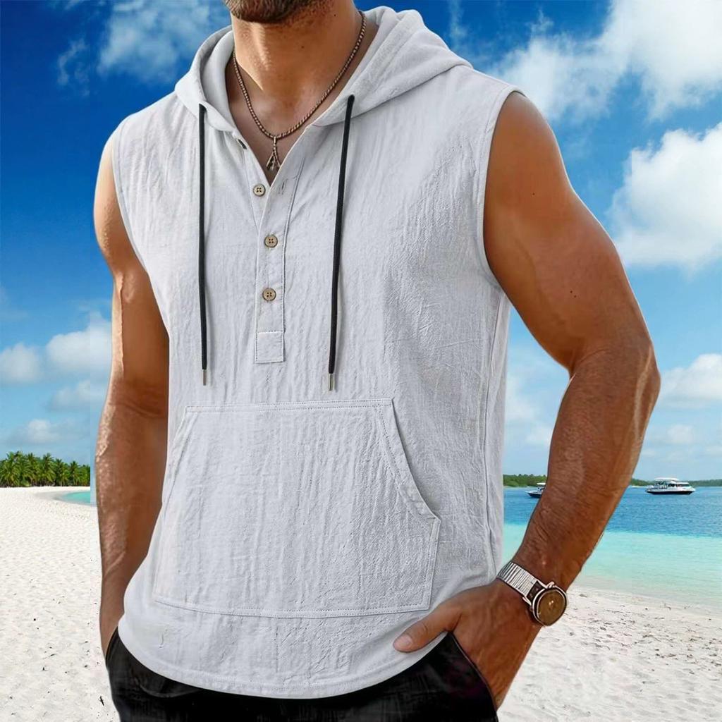Men Sleeveless Hoodie Button Front Pullover Linen Cotton Blend Casual Vest with Kangaroo Pocket and Adjustable Drawstring Hood