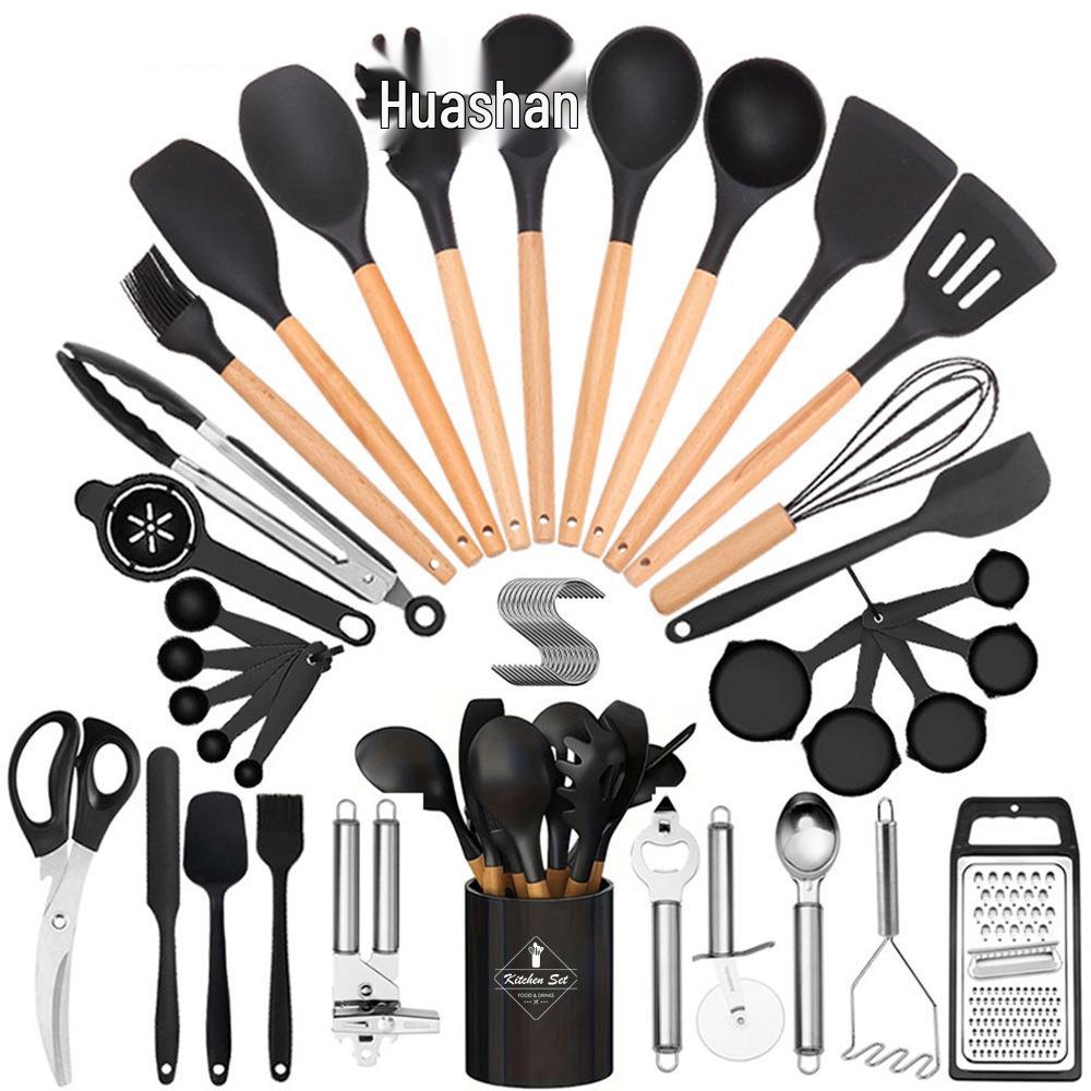 44-Piece Silicone & Wood Handle Kitchenware Set - Non-stick Cooking Spatula, Soup Ladle, and Tableware Tools