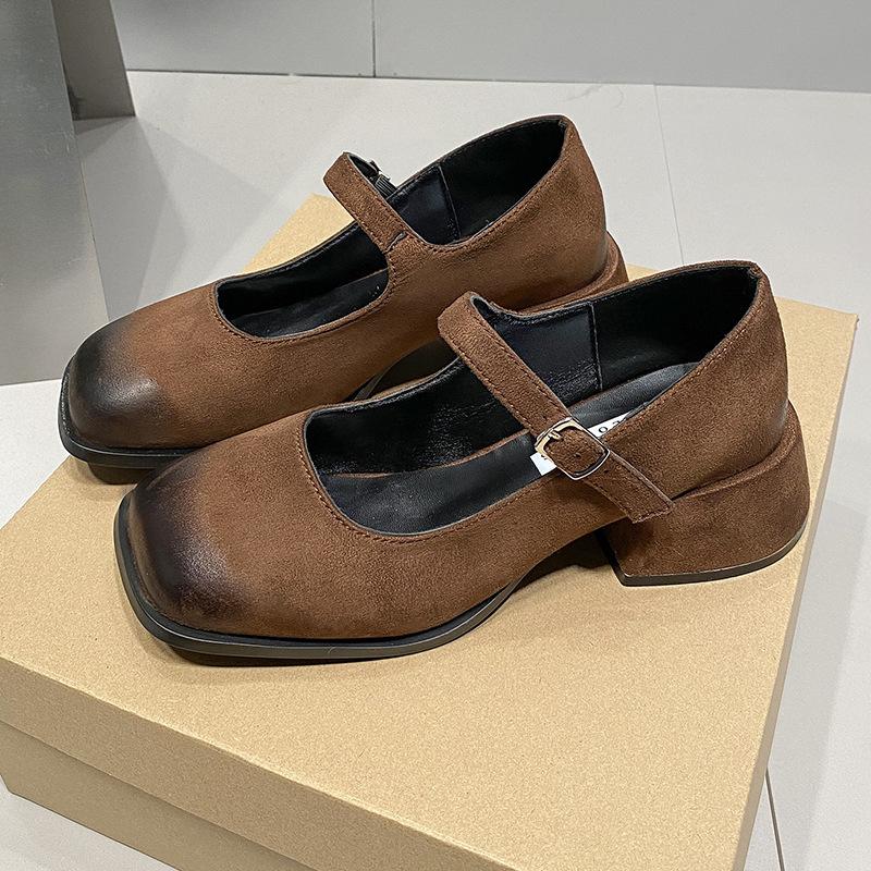 Mary Jane Shoes Women's Autumn and Winter 2024 New French One-word Buckle High Heels Square Head Light Mouth Thick Heel Versatile Single Shoes
