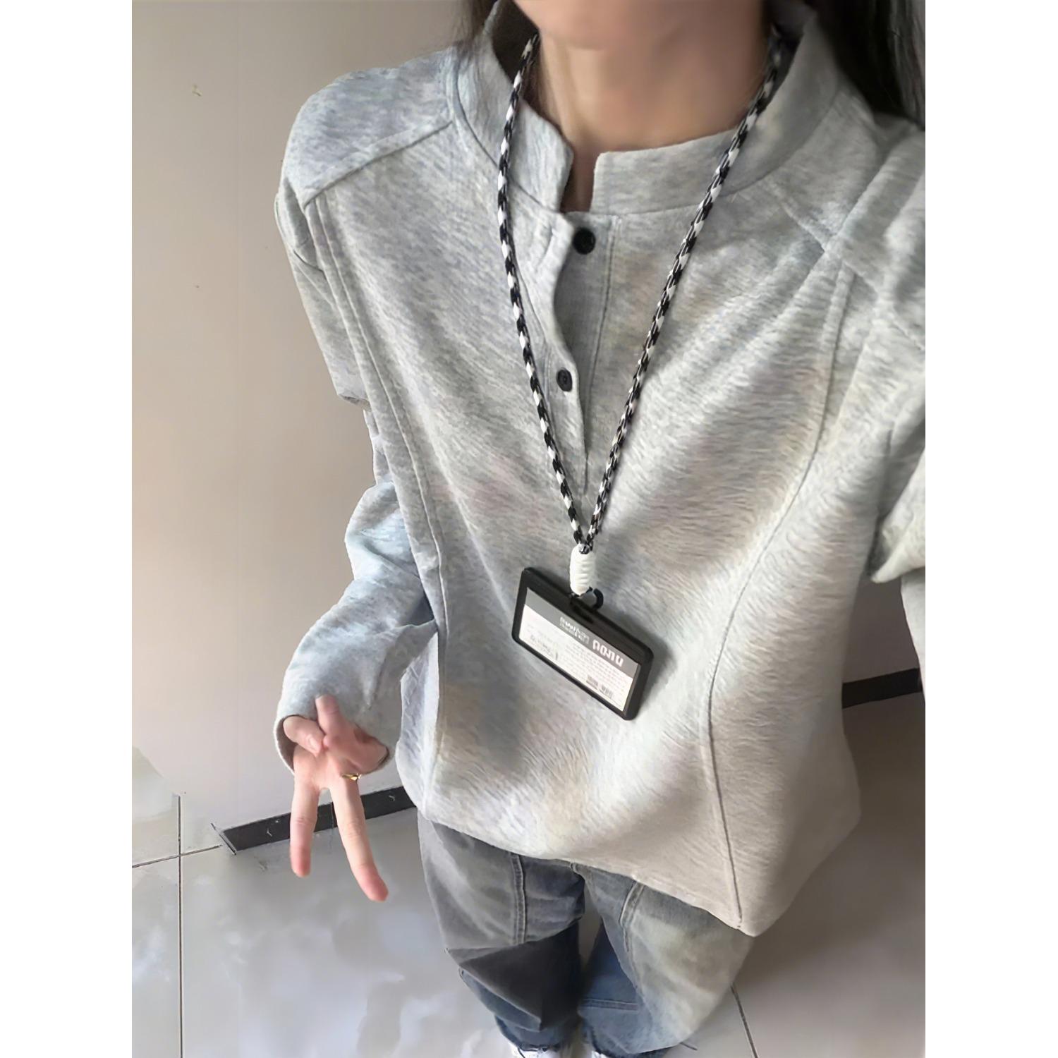 

Men s Solid Color Patchwork Henley Hoodie - Stand Collar, Drop Shoulder, Long Sleeve, Autumn Layer M світло-сірий колір