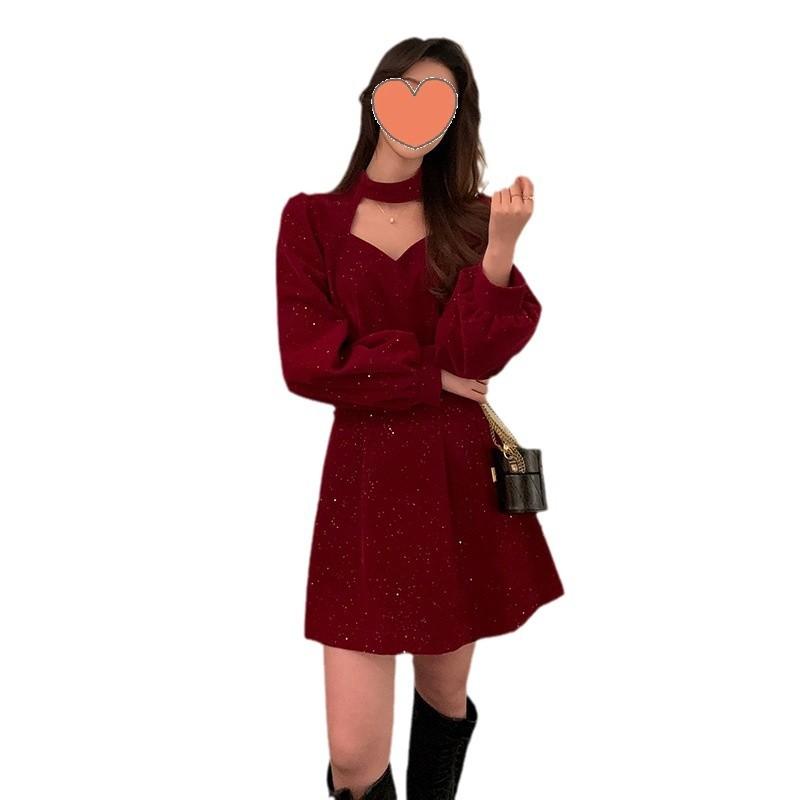 Christmas Evening Dress, Foreign-style Celebrity, Red Chinese New Year Robe, Velvet Dress, Women's Autumn and Winter Advanced Sense of Thin Skirt