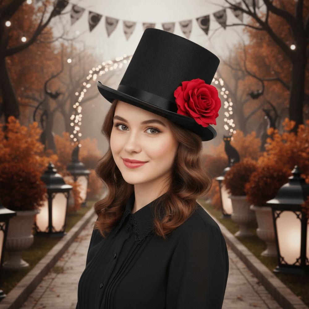 Classic Black Rose Gentleman Cap Vibrant Red Magician Fedora Headwear Drama Actors