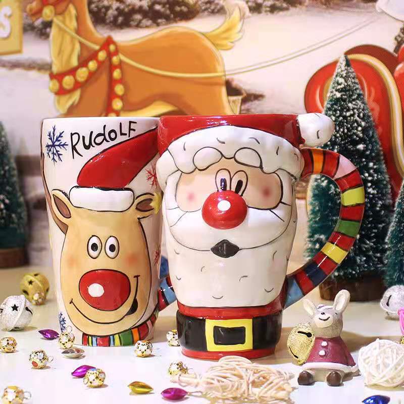 Creative Hand-painted Ceramic Mug Large-capacity Cartoon Mug Cute Water Mug Couple Santa Claus Mug